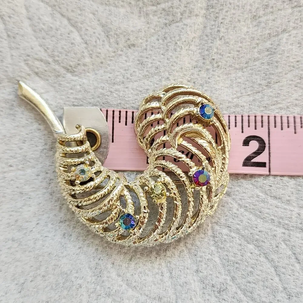Feather Plume Aurora  Borealis Rhinestone Brooch Gold Tone C Hook Latch Vintage